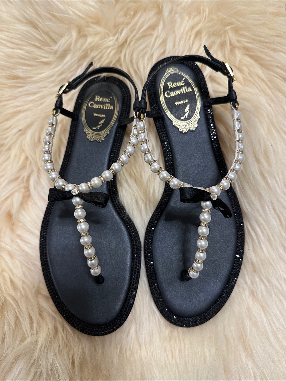 Rene Caovilla Black Sandals with Pearl T-Strap size 36